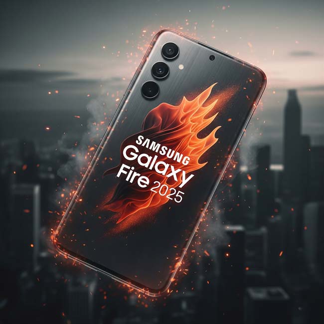 A futuristic concept of the Samsung Galaxy Fire 2025, featuring a body made of black volcanic rock with glowing lava in its cracks. The phone stands on a rocky surface with fiery embers, and its screen displays a vibrant, fiery abstract design.