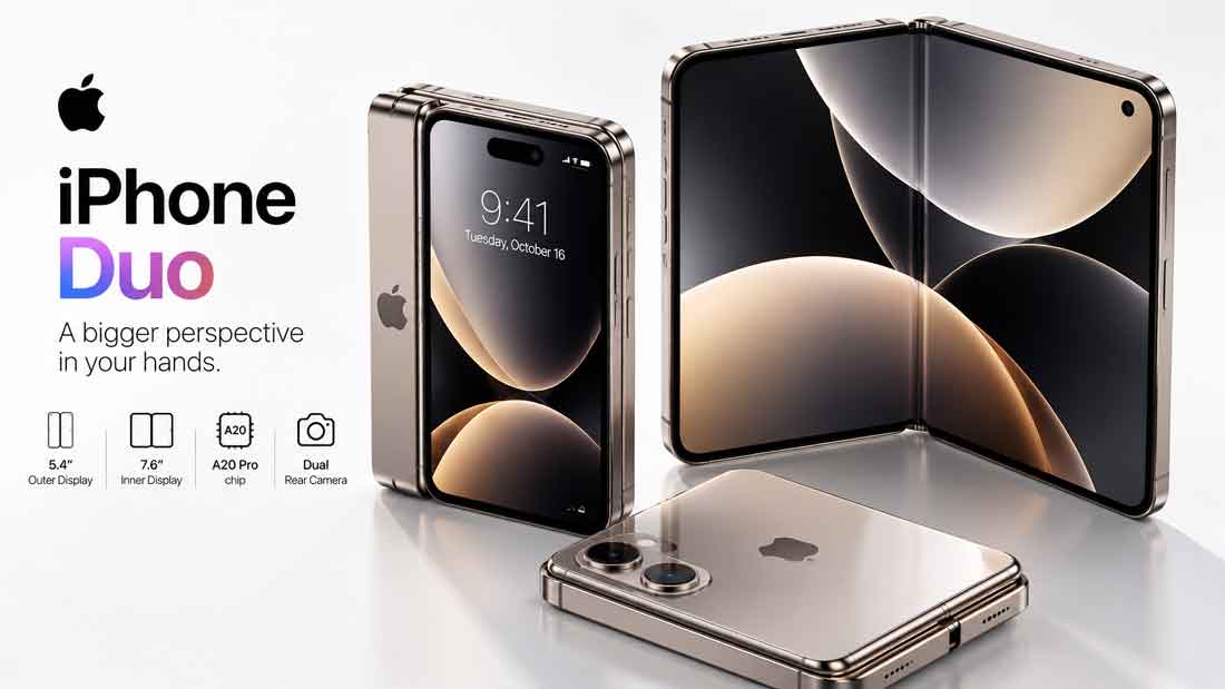 Apple iPhone Duo: Price, Specs & Release Date (2026) 1 Concept render of a champagne titanium foldable iPhone Duo with inner and outer displays