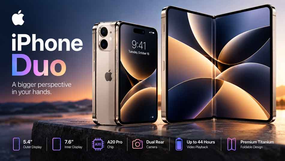 Apple iPhone Duo: Price, Specs & Release Date (2026) 2 AI-generated concept of a champagne gold foldable iPhone Duo with inner and outer displays